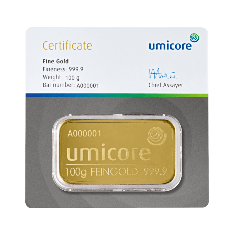 Umicore 100 gram goudbaar