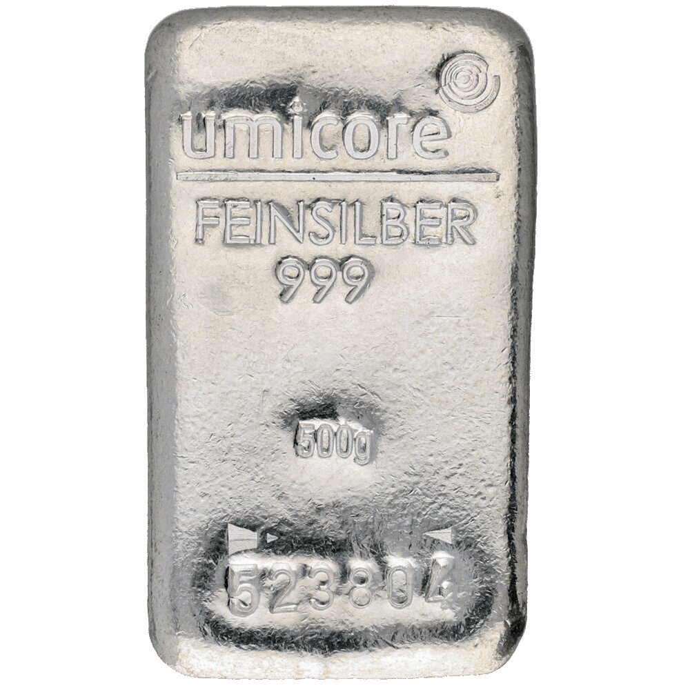 Umicore 500 gram zilverbaar 