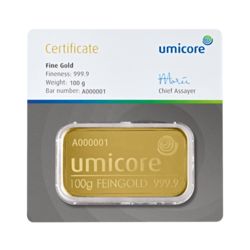 Umicore 100 gram goudbaar